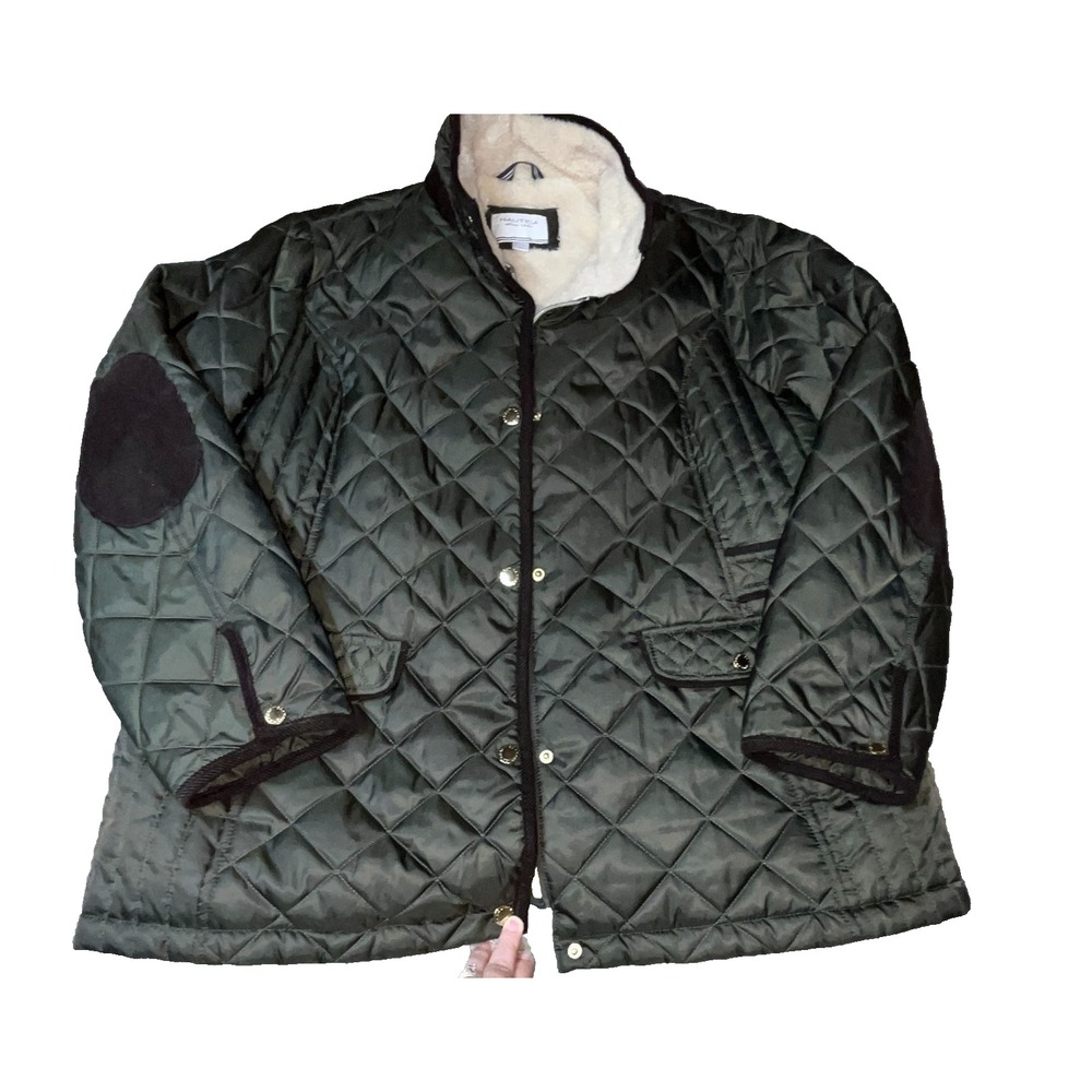 Nautica Womens XL Quilted Green‎ Jacket with Hood Zip and Snap Closure Corduroy